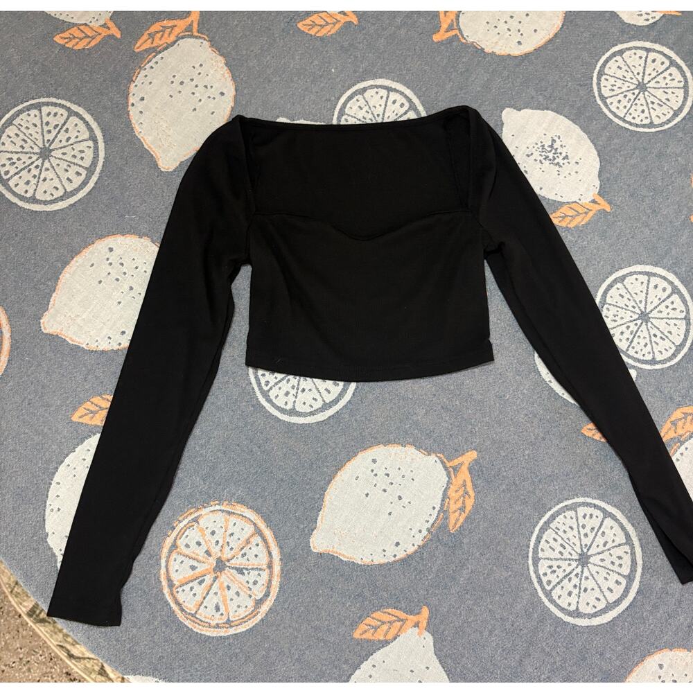 Black Ribbed Long Sleeve Crop Top Square Neck Fitted Minimalist - Picture 5 of 5
